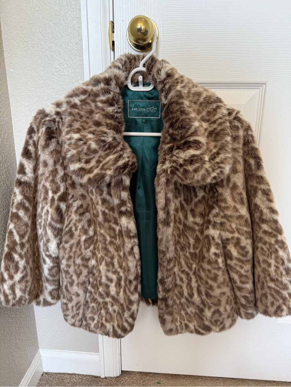 per una Teal Satin-Lined Faux Fur Leopard Trim Coat S